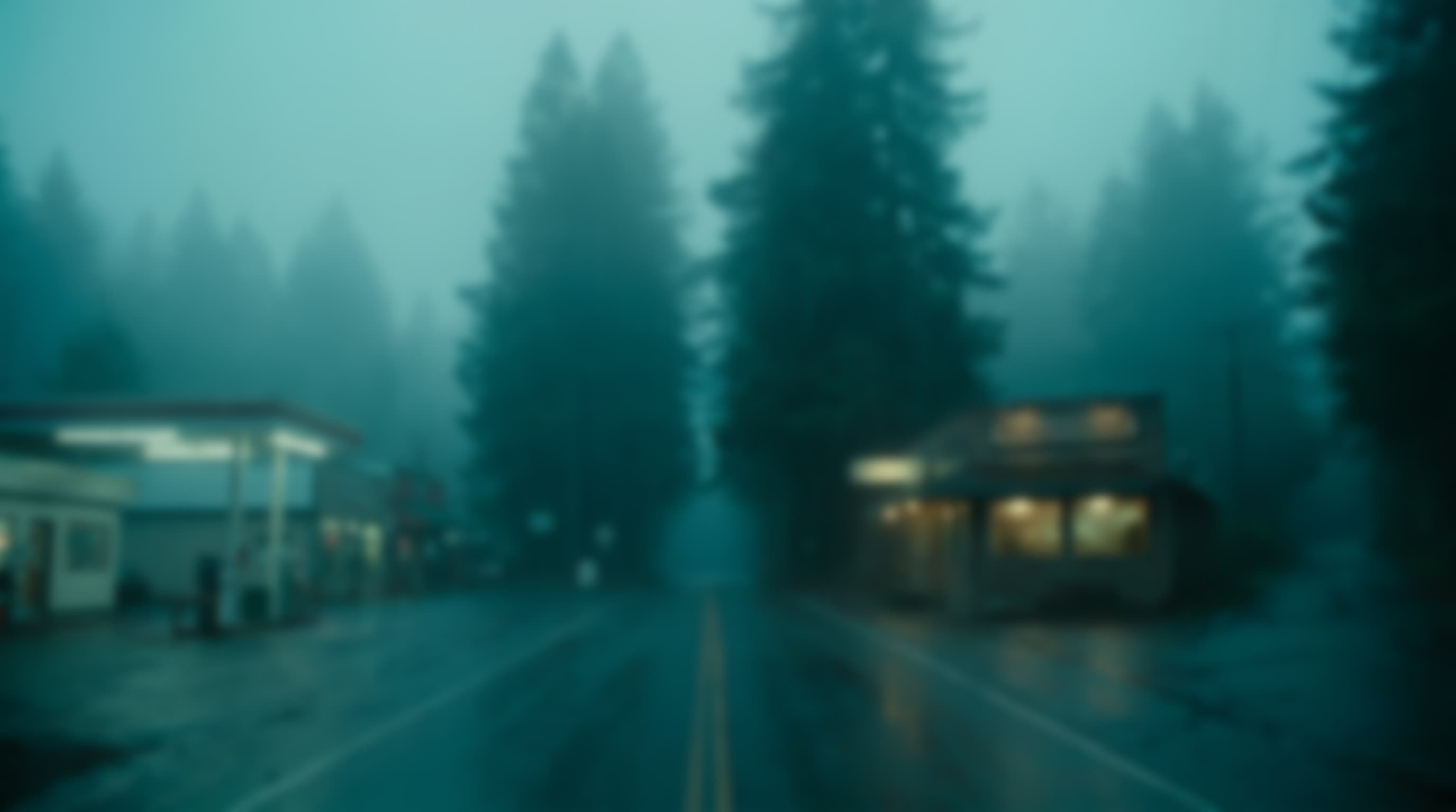 Blurred teal roadside town beneath towering redwoods