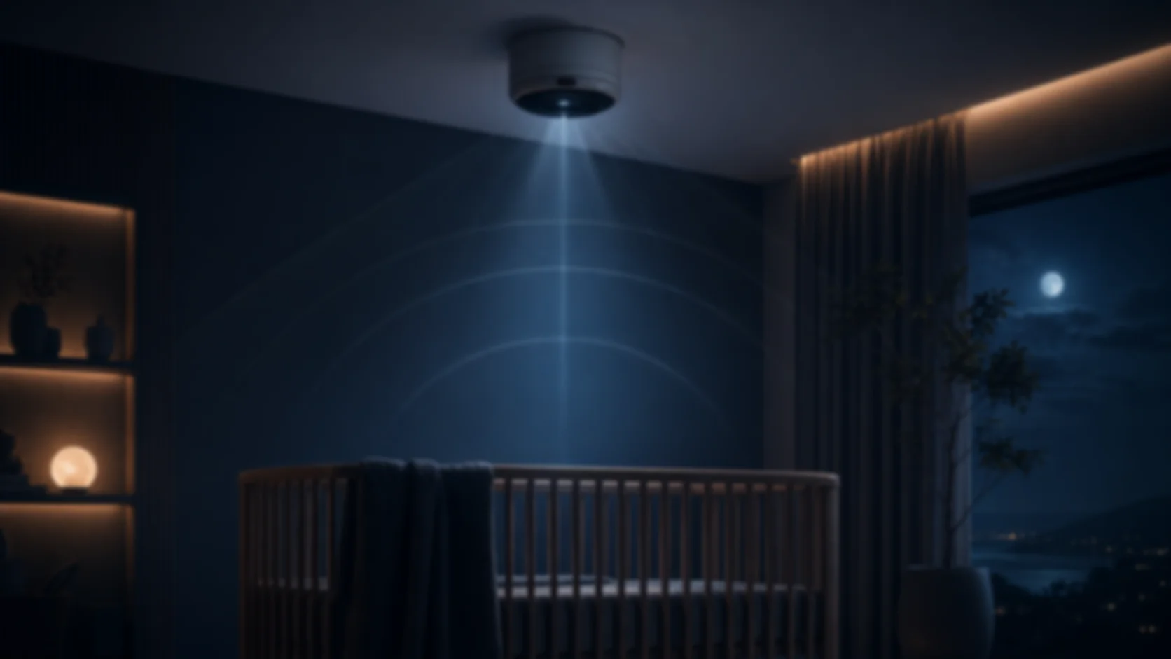 Noctivana product-style hero image with a ceiling-mounted edge monitor in a quiet nursery