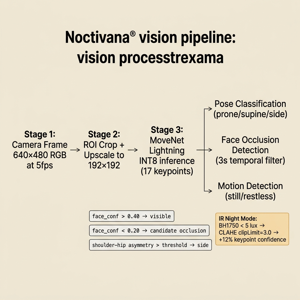 Noctivana vision pipeline — ROI crop, MoveNet INT8, keypoint classification, night-mode path
